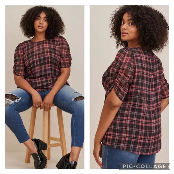 Torrid Plaid Chiffon Ruched Sleeve Blouse NEW Plus Size 4X - Picture 1 of 8